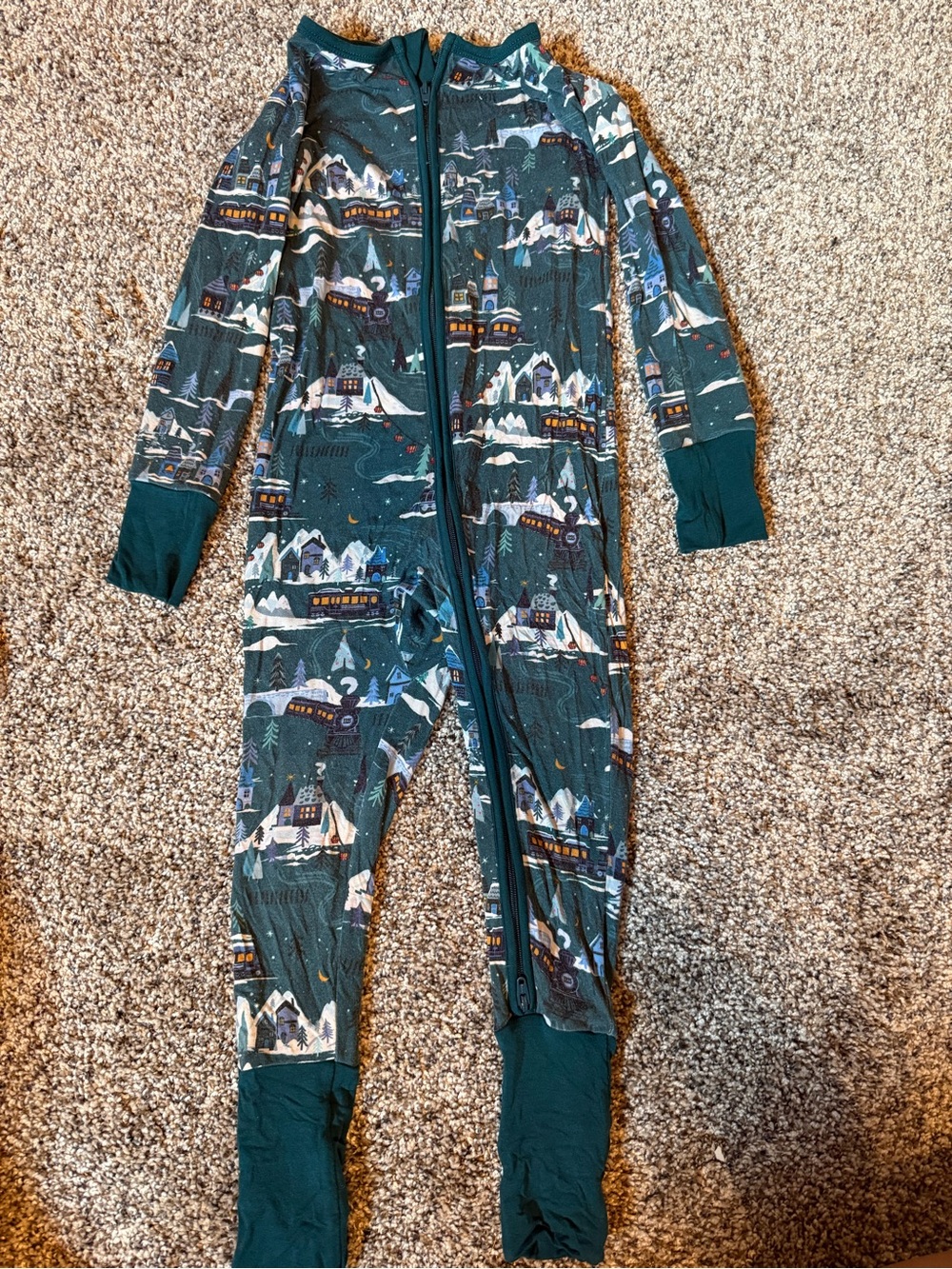 Little Sleepies Teal Winter Train Print One-Piece Footie Pajamas